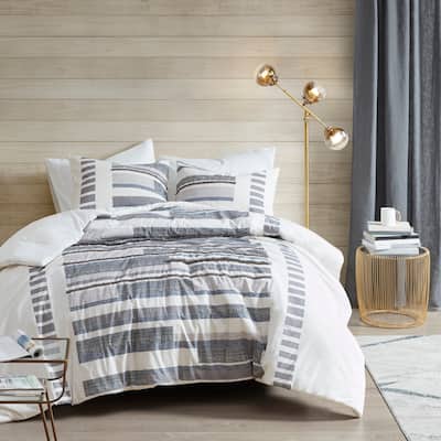 INK+IVY Serena 3 Piece Cotton Printed Comforter Set w/trims Navy