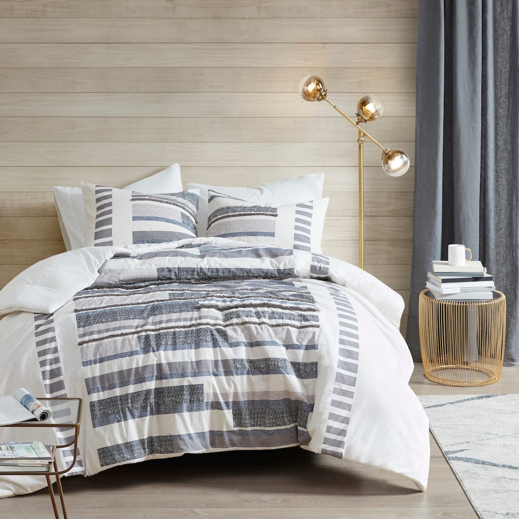 INK+IVY Serena 3 Piece Cotton Printed Comforter Set w/trims Navy