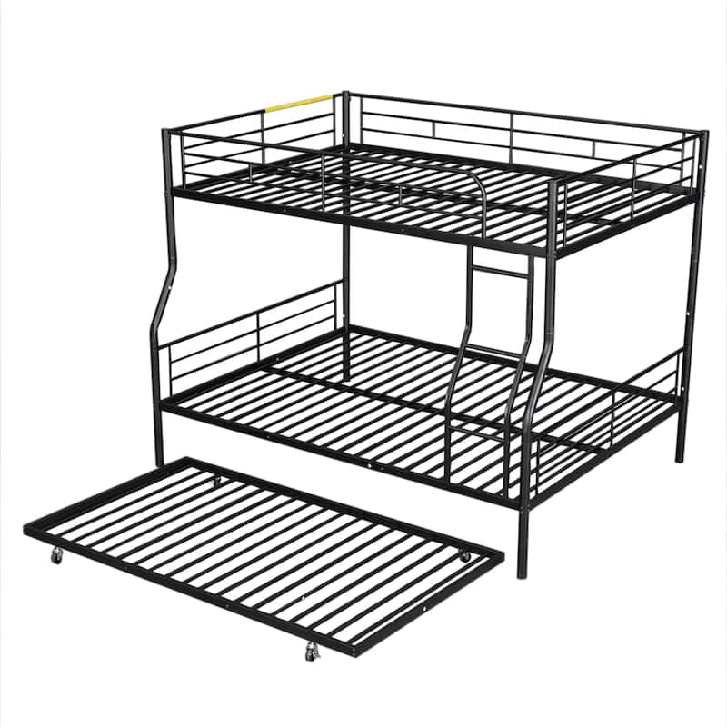 Full XL Over Queen Metal Bunk Bed with Trundle and Guardrail, Convertible to Two Beds