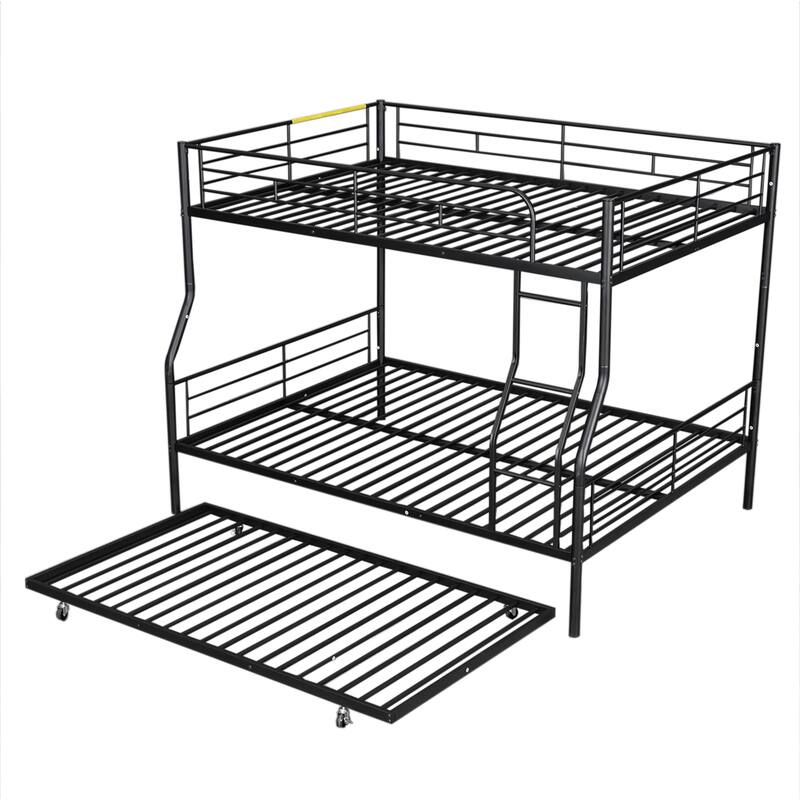 Metal Bunk Bed with Trundle and Guardrail, Convertible to Two Beds