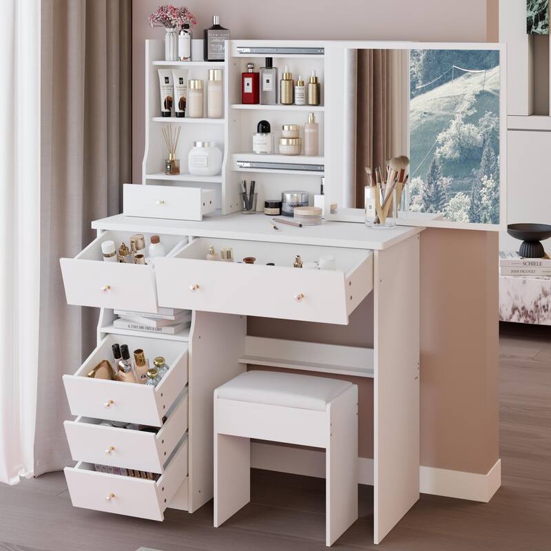 37" Middle Size Left Drawer Vanity Table + Cushioned Stool, Extra Large Right Sliding Mirror, Multi Layer High Capacity Storage