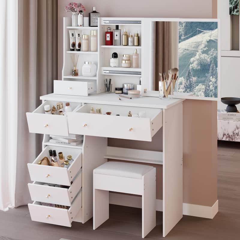 37"L Middle Size Vanity Table with Stool and Sliding Mirror