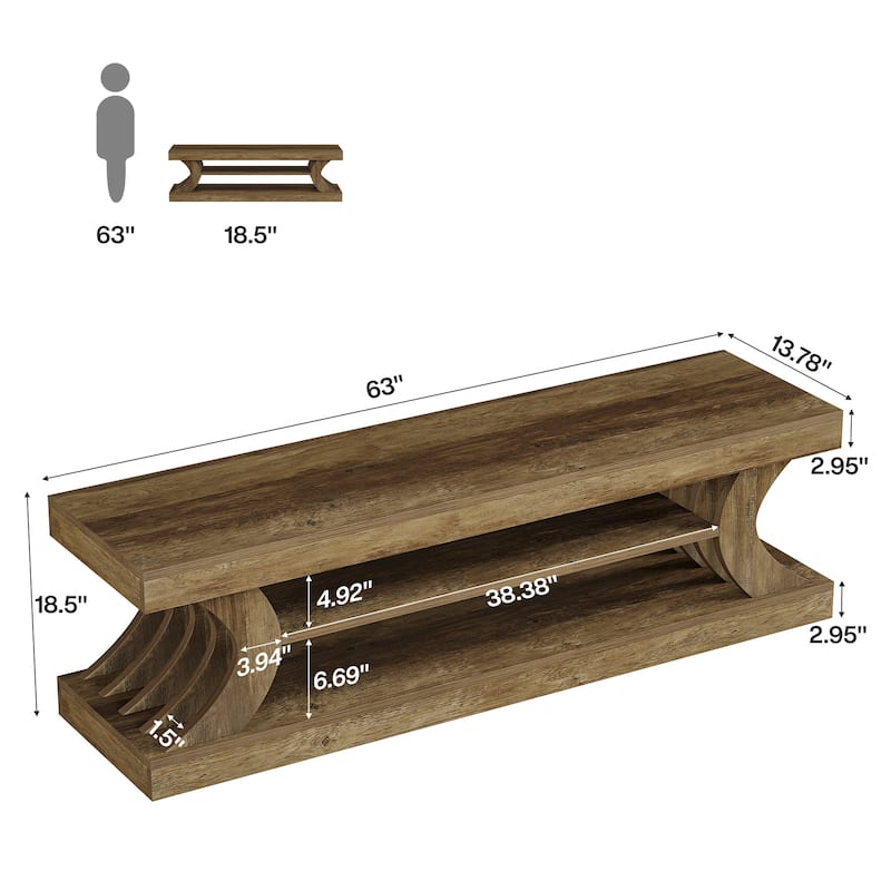 63" Entryway Bench, End of Bed Bench with Open Shelves, Shoe Storage Bench for Bedroom, Foryer, Hallway