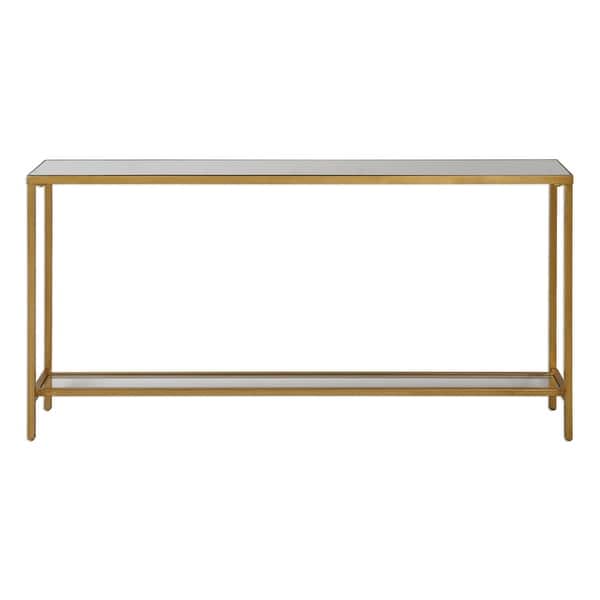 slide 2 of 3, Uttermost Hayley 60 Inch Wide Metal Console Table with Mirrored Top Antiqued Gold Leaf