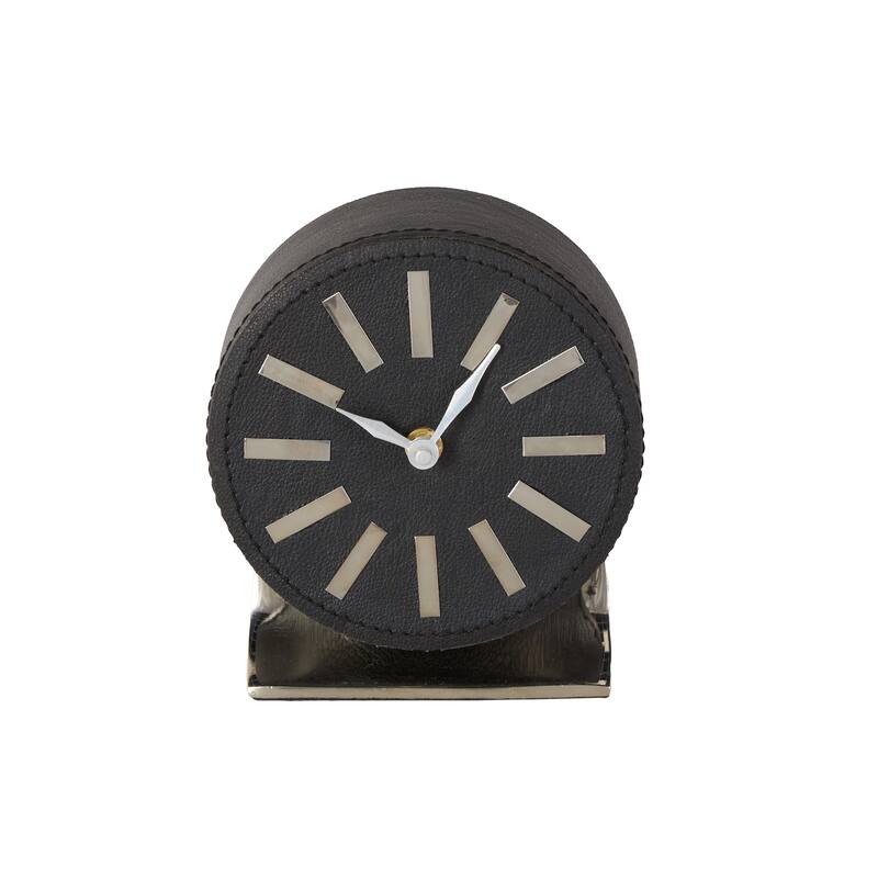 Faux Leather Round Decorative Clock with Gold Rectangular Base - Brown or Black - Roche River Decor
