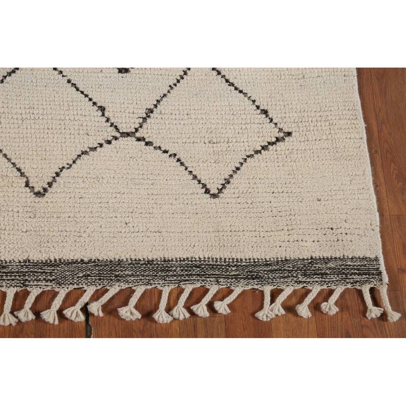 Trellis Moroccan Area Rug Hand-Knotted Geometric Beige Wool Carpet - 5'1"x 8'8"