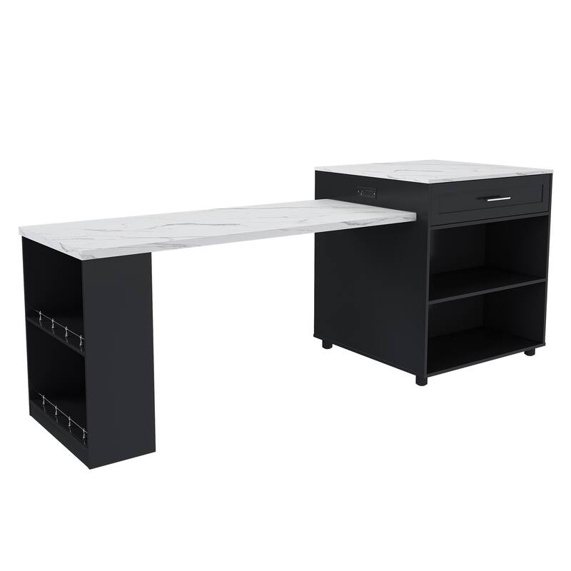 Kitchen Island with Expandable Dining Table, Mobile Kitchen Storage Cart on Locking Wheels, Kitchen Prep Table with Power Outlet