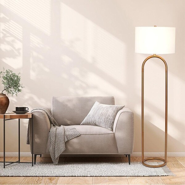 Vivid Brass Ring Base Floor Lamp with Large White Drum Shade Antique Brass White