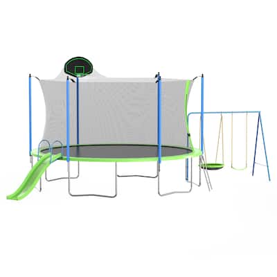 14FT Trampoline with Slide and Swings, ASTM Approved Large Recreational Trampoline with Basketball Hoop and Ladder