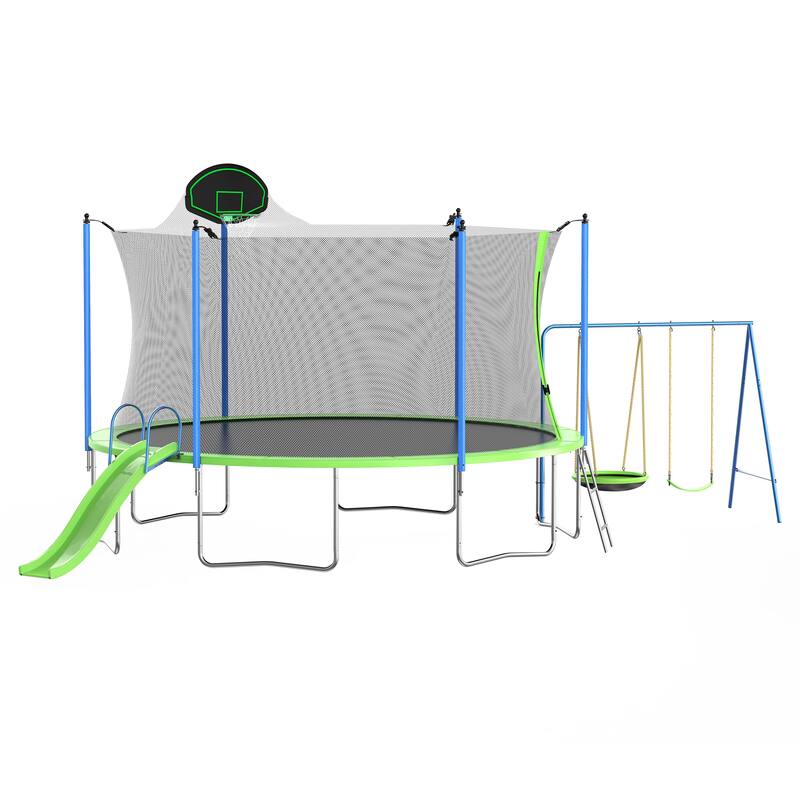 14FT Trampoline with Slide and Swings, Double color cover, Trampoline with Basketball Hoop and Ladder