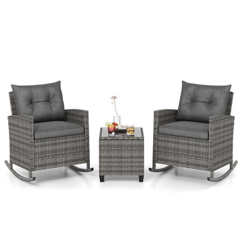3-Pieces Patio Rattan Roker Chairs with Tufted Soft Cushions and Square Tempered Glass Table - 31.5" x 26" x 31.5"