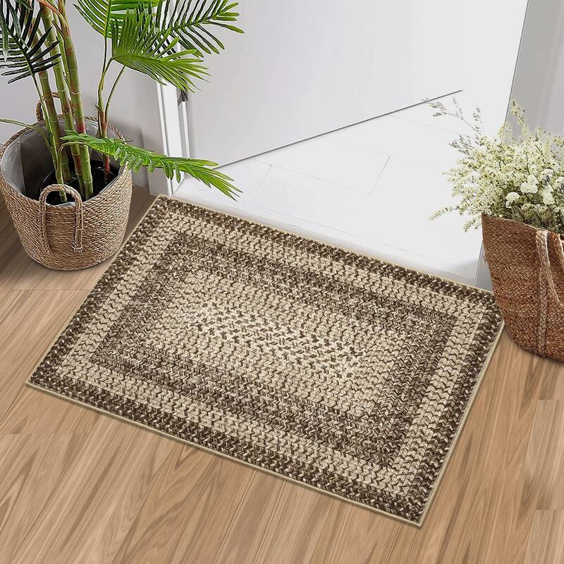 Washable Living Room Rugs Modern Braided Print Area Rug Border Design Accent Rugs for Bedroom Non-Slip Low Pile Area Rug