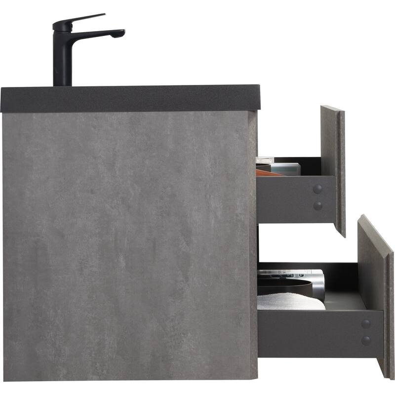24/30/36/48/60 inch Melamine Floating Bathroom Vanity with Sink and Black Quartz Sand Top Basin and Soft Close Drawers