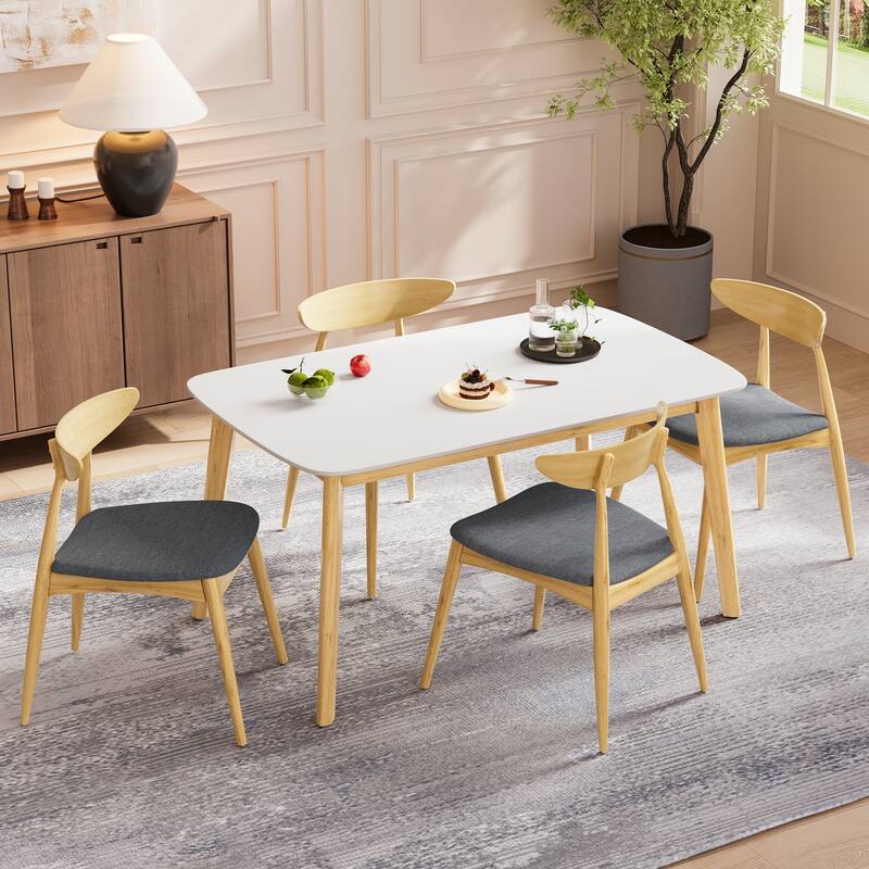Roomfitters 5-Piece Scandinavian Dining Set, 59" White Oak Table with 4 Ergonomic Beige Upholstered Chairs - Natural+Grey,White Oak