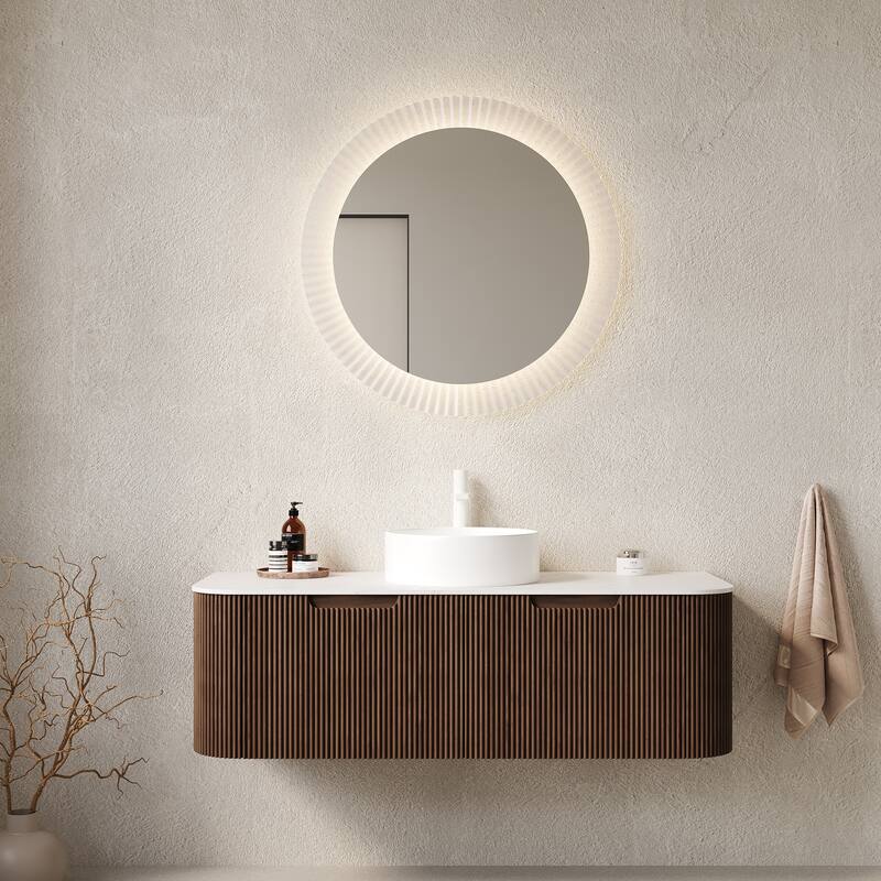 GDFStudio - Dina Modern 48" Floating Bathroom Vanity with Striped Curved Drawers & White Round Ceramic Basin, WITHOUT Faucet