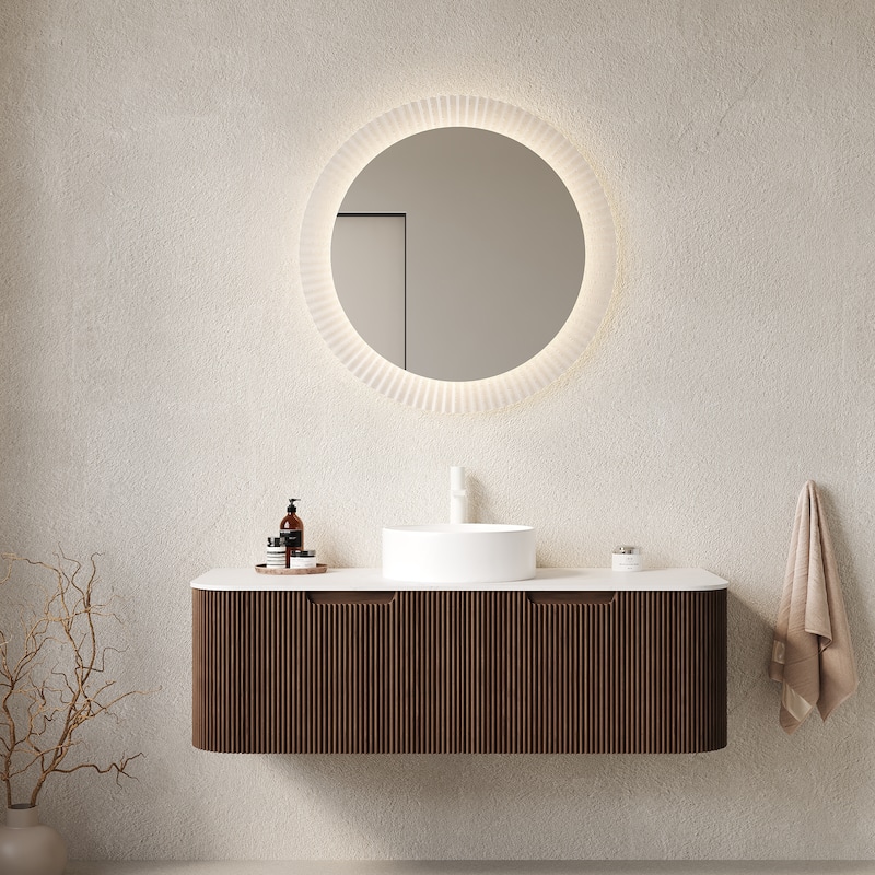 GDFStudio - Dina Modern 48" Floating Bathroom Vanity with Striped Curved Drawers & White Round Ceramic Basin, WITHOUT Faucet - Dark Walnut
