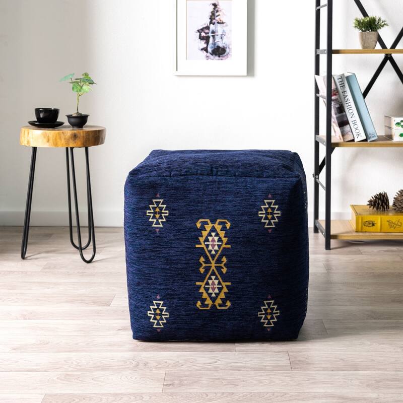 18-Inch Blue Upholstered Pouf Ottoman with Geometric Medallion Design Footrest or Seat Accent