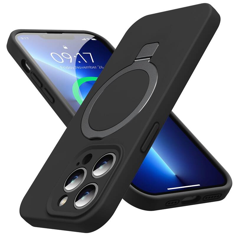 6.1in iPhone 13 Pro Case, Liquid Silicone, Moisturizing Factor, Extreme Soft Slim Phone Case with Stand, Compatible with MagSafe - Black