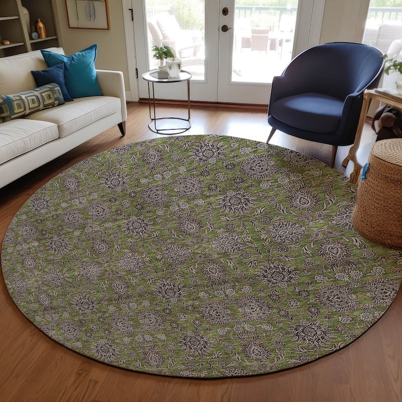 Machine Washable Indoor/ Outdoor Chantille Traditional Floral Rug - Olive - 8' x 8'