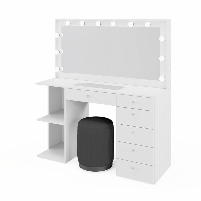 Makeup Vanity Desk w/ Free Black Storage Ottoman, 12 LED Bulbs Mirror, 6 Drawers, Glass Top, Crystal Knobs, USB, 110V Outlet