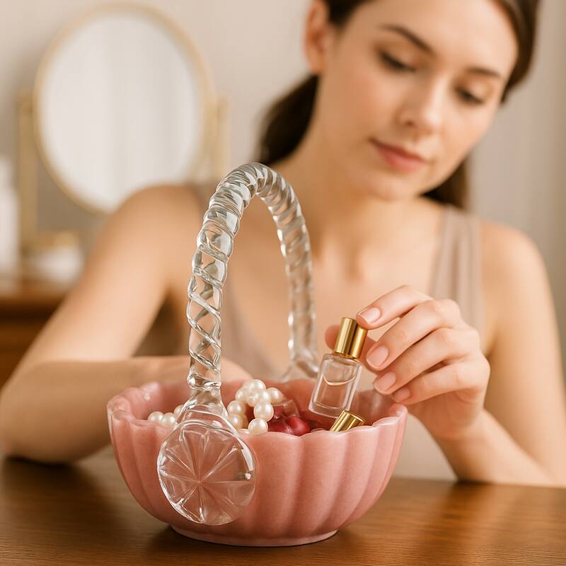 Pink Blossom Charm Glass Basket for Floral and Table Display Use