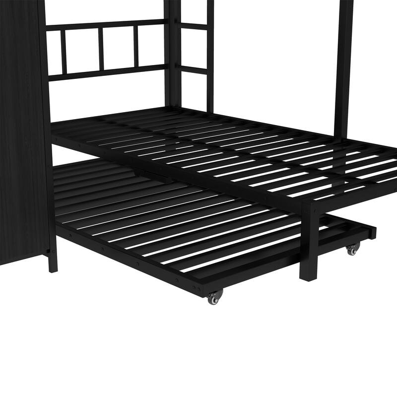 Roomfitters Twin/Full/Queen Metal Bunk Bed with Built-in Wardrobe, Trundle & Foldable Desk, Noise-Reduced Design, Black