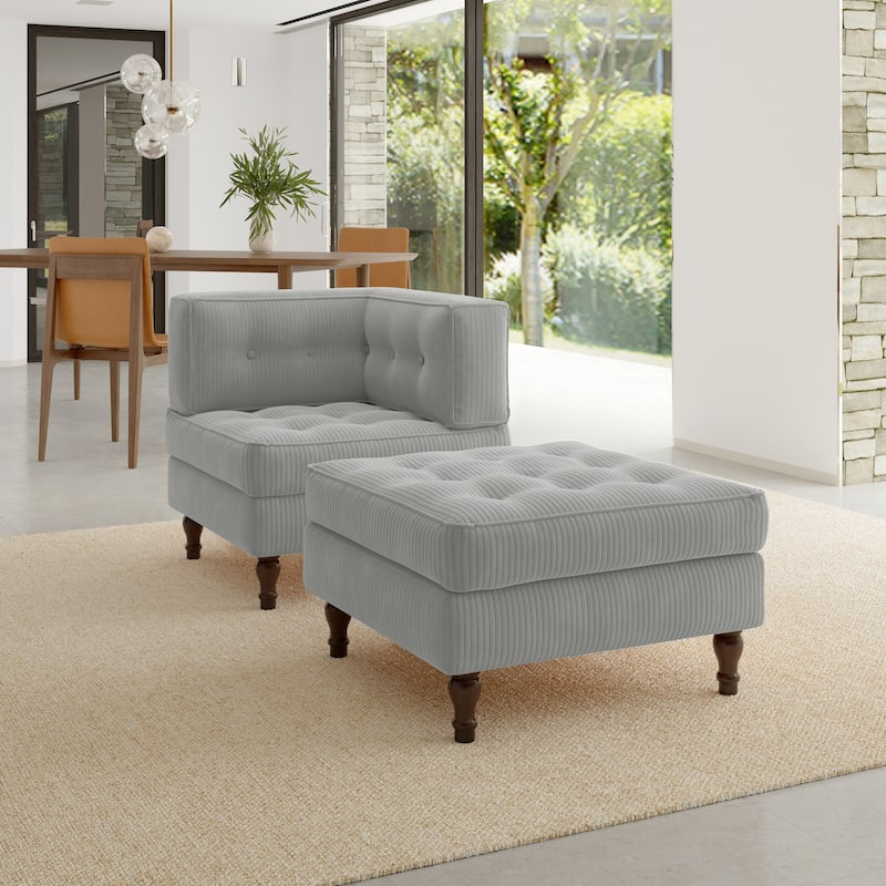 Corduroy Tufted Accent Chair Armchair and Ottoman Set - Light Grey