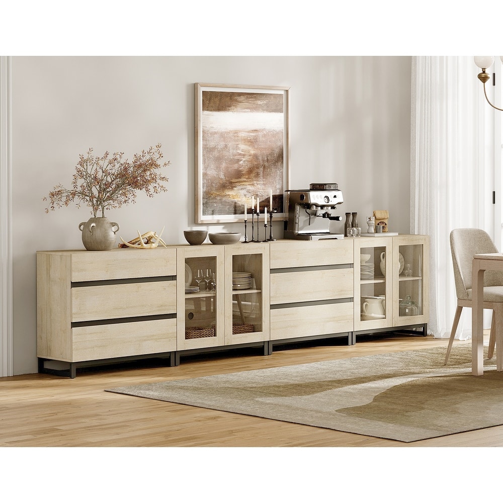 Modern Sideboard with Adjustable Shelves and 6 Drawers, 4 in 1 Storage Cabinet with Glass Doors, Coffee Bar Cabinet for Kitchen
