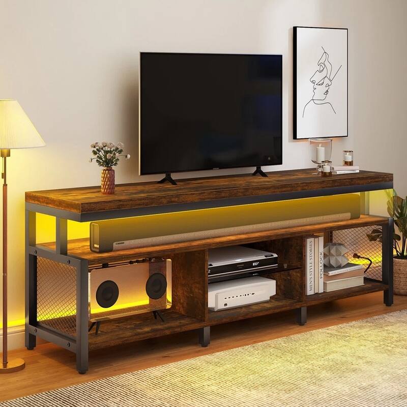 LED TV Stand for 70/65in TV W/ Storage & Charging Station Retro Brown - 62 inches