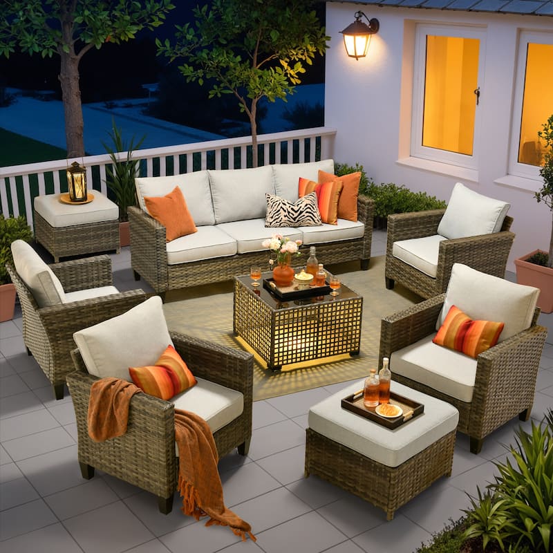 OVIOS 8 Pieces Outdoor Wicker Sectional Set With Solar-Powered CoffeeTable
