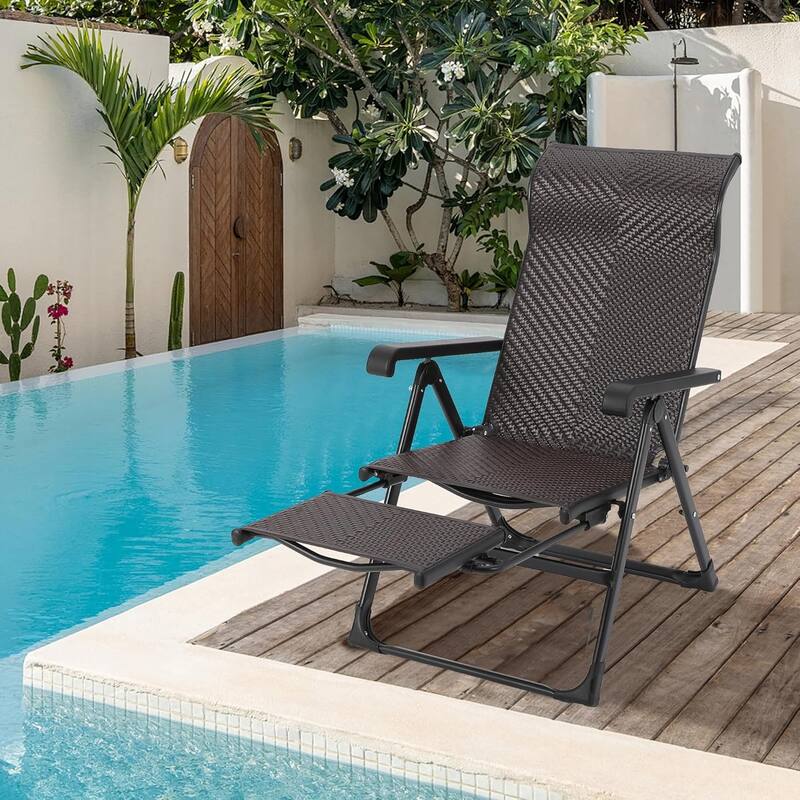Portable Outdoor Folding Rattan Chaise Lounge Chair with Adjustable Foot Rest