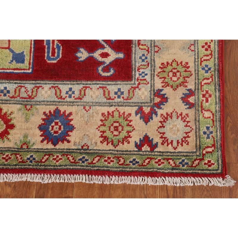 Traditional Kazak Oriental Area Rug Handmade Geometric Red Wool Carpet - 4'3" x 6'4"