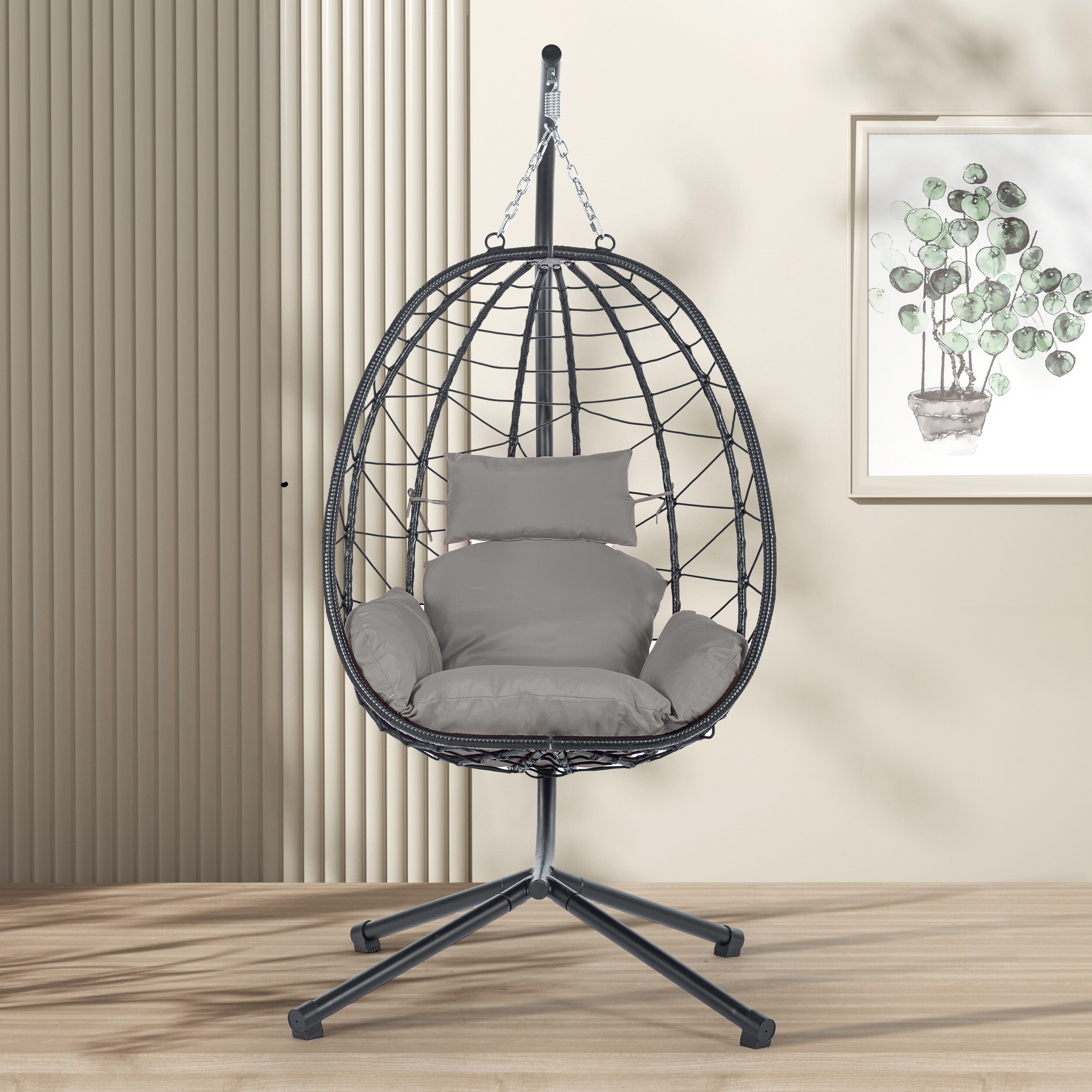 Modern Rattan Swing Chair with Stand Outdoor Hanging Egg Chair for Single Person Black Rattan with Cushion Beige