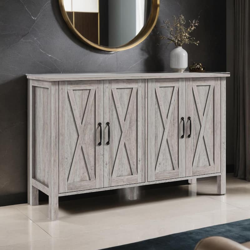 47" Sideboard with 4 Barn Doors and 2 Adjustable Shelves, Farmhouse Coffee Bar Cabinet, Gray Wood Grain