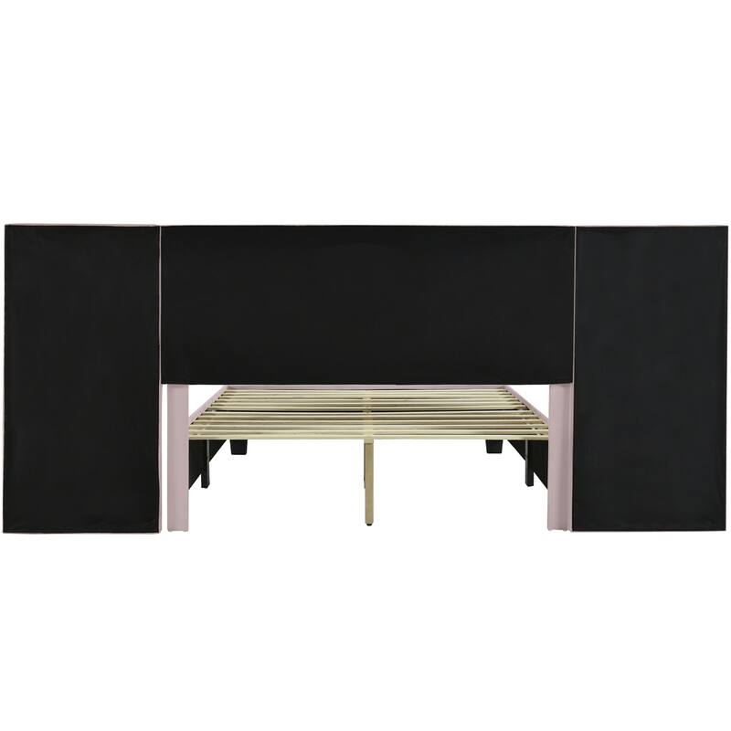 Queen Size Upholstered Platform Bed with Big Headboard, Velvet