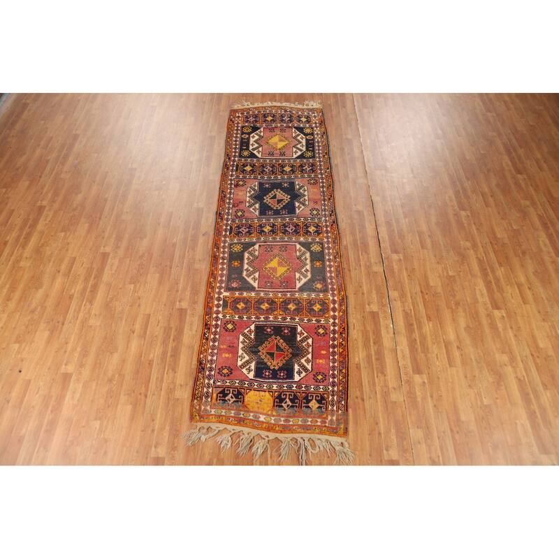Tribal Anatolian Turkish Vintage Runner Rug Hand-Knotted Wool Carpet - 3'4"x 11'3"