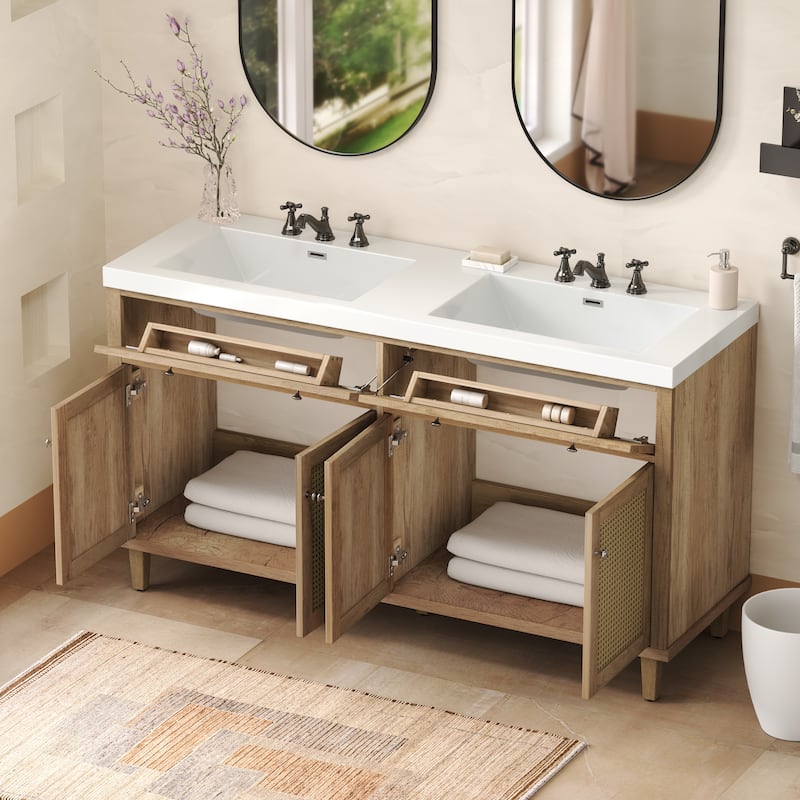 60 Inch Bathroom Vanity with Double Sink, Large Storage Space with 2 Tip-Out Trays / Flip-Out Drawers