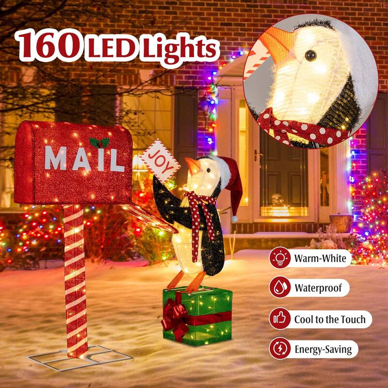 Gymax Lighted Christmas Decoration Mailbox & Penguin w/160 LED Lights - Red