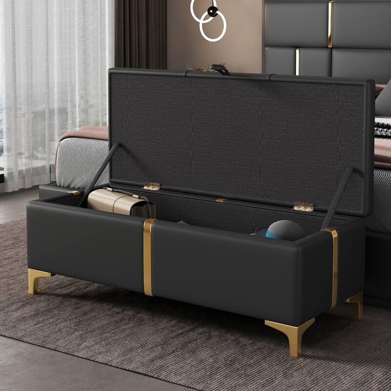 Faux Leather Storage Ottoman Bench, End of Bed Storage Benches, Modern Accent Bench with Metal Legs