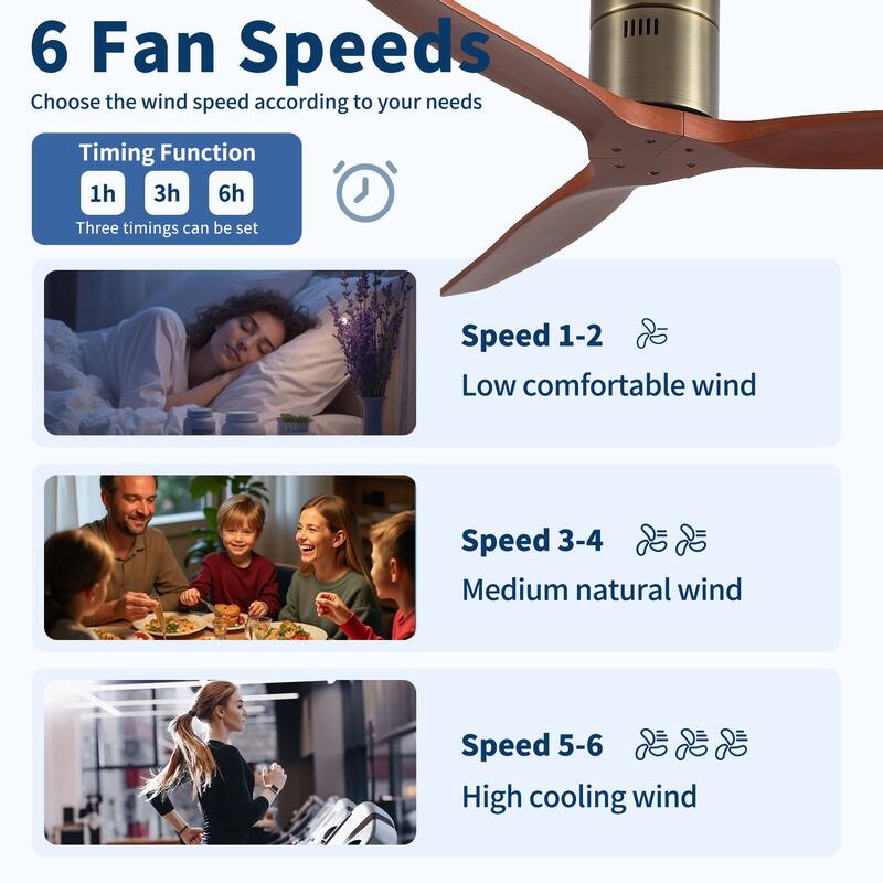 52"Mordern Rustic Elegance Solid Wood Blades Low Profile Flush Mount Ceiling Fan without Light