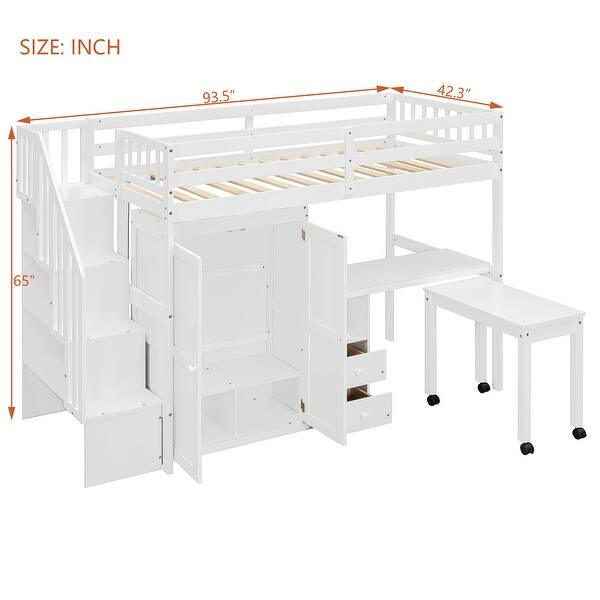 dimension image slide 1 of 3, Twin Loft Bed w/Stairs, Bookshelf, Drawers, Desk & Wardrobe, Space-Saving for Kids & Teens.