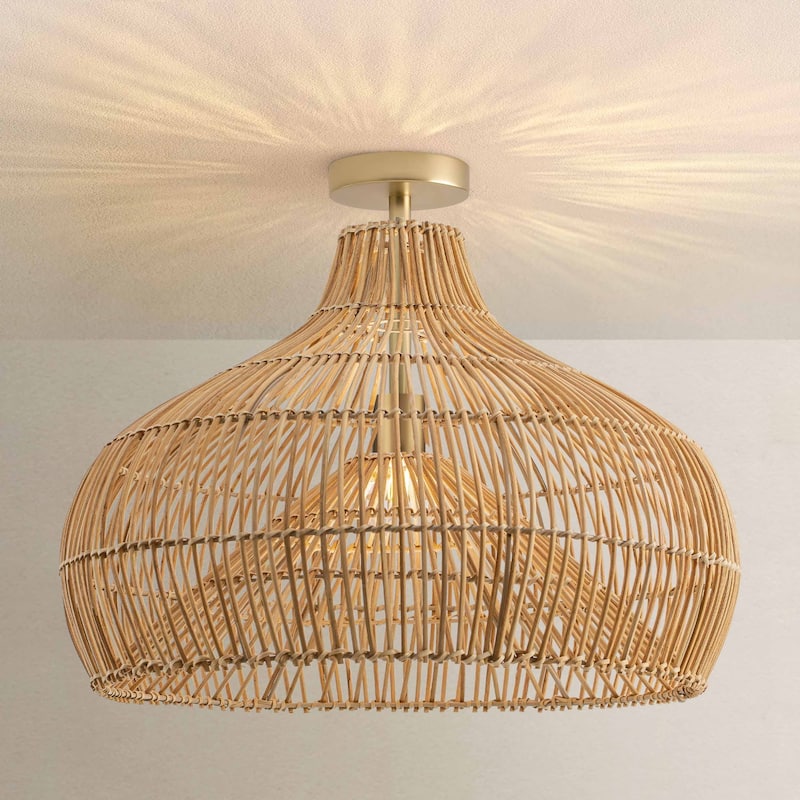 Oceania Rattan Flush Mount Rattan Natural Cone Handwoven Dimmable Ceiling Light for Bedroom or Hallway in Farmhouse, Boho Style