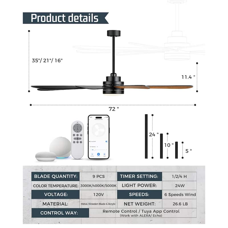 72 Inch 24W Led Ceiling Fans with Lights, 9-Blades, Remote Control and App and Alexa Google Voice Control