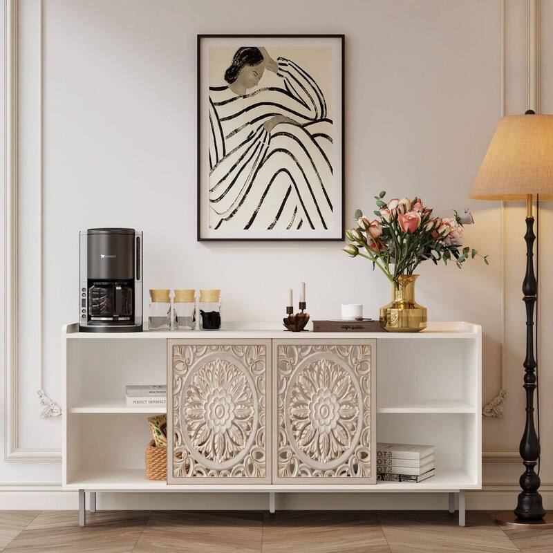 Mid Century Modern 58.6" White Curio Buffet Cabinet Media TV Stand for Stylish Living Room Storage - White