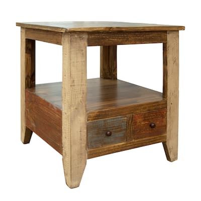 Fena 26 Inch 2 Drawer End Table, Open Shelf, Multicolor Distress Pine Wood