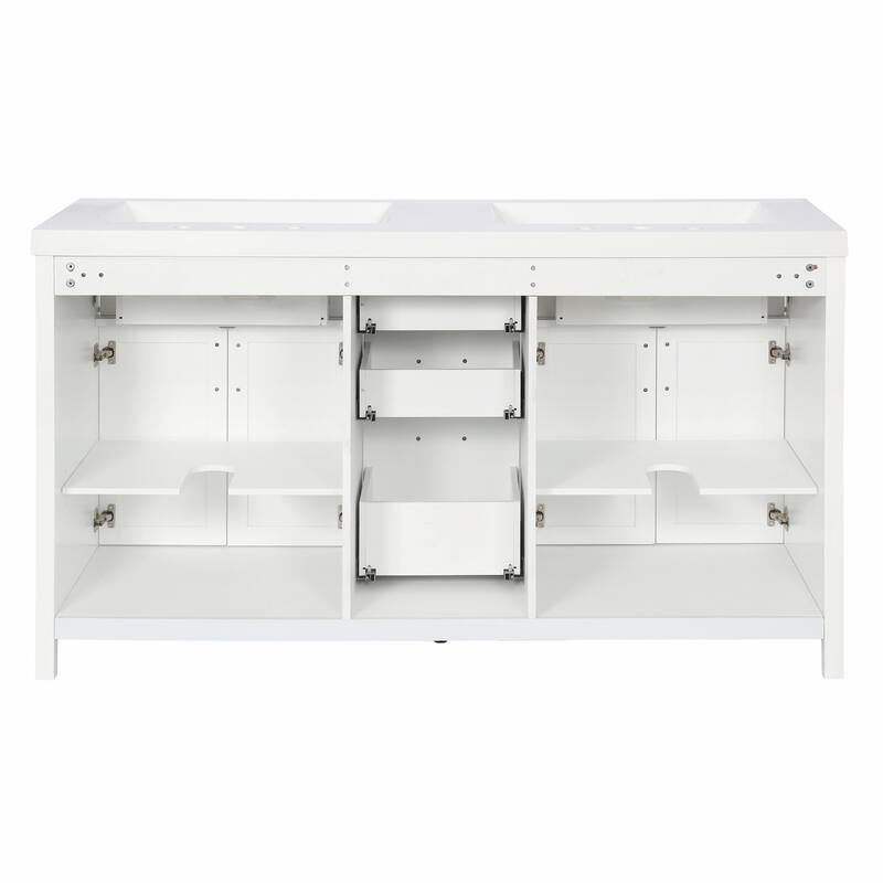 59.3" Modern Double Sink Bathroom Vanity with SMC Sinks, Solid Wood Frame, Soft-Close Doors & Drawers, Adjustable U-Shaped Shelf