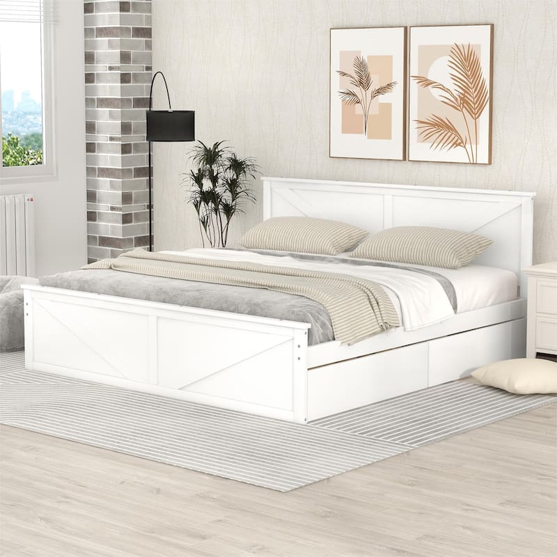 King Size Wooden Platform Bed with Storage Drawers - Gray/White, Sturdy ...