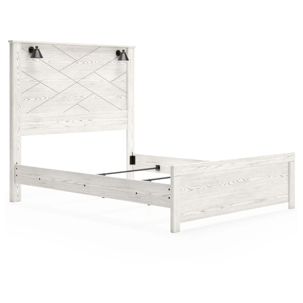 Hara Queen Panel Bed with 2 Sconce Lights, Rustic Light Gray-White Wood