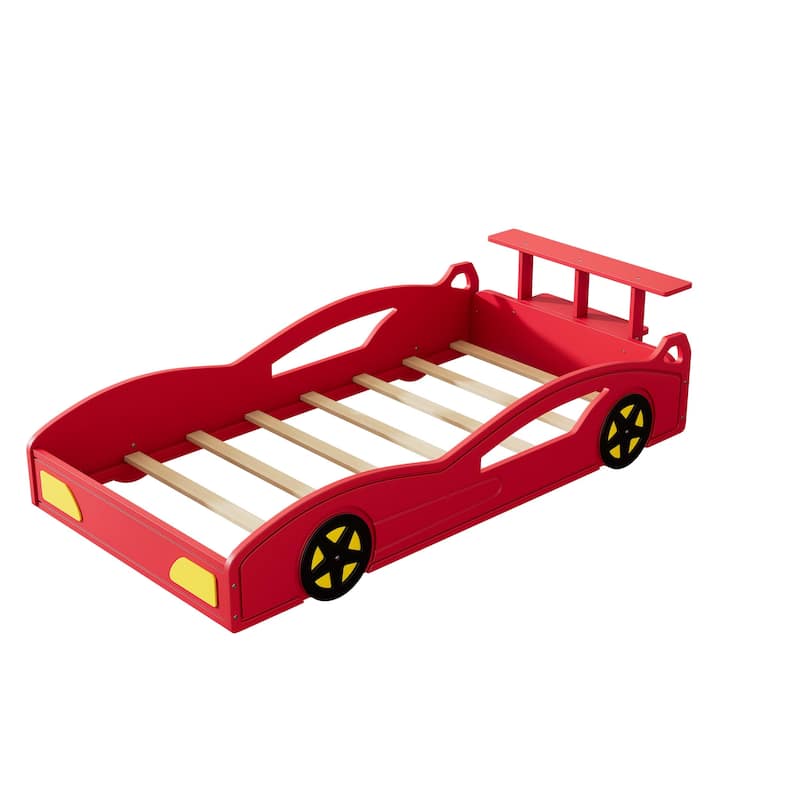Wooden Race Car Shaped Platform Twin Bed with Wheels - Red