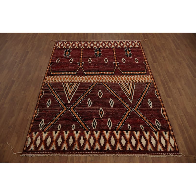 Hand Knotted Oriental 100% Wool Carpet Modern Tribal Red Moroccan Area Rug - 9' 8'' X 6' 10''
